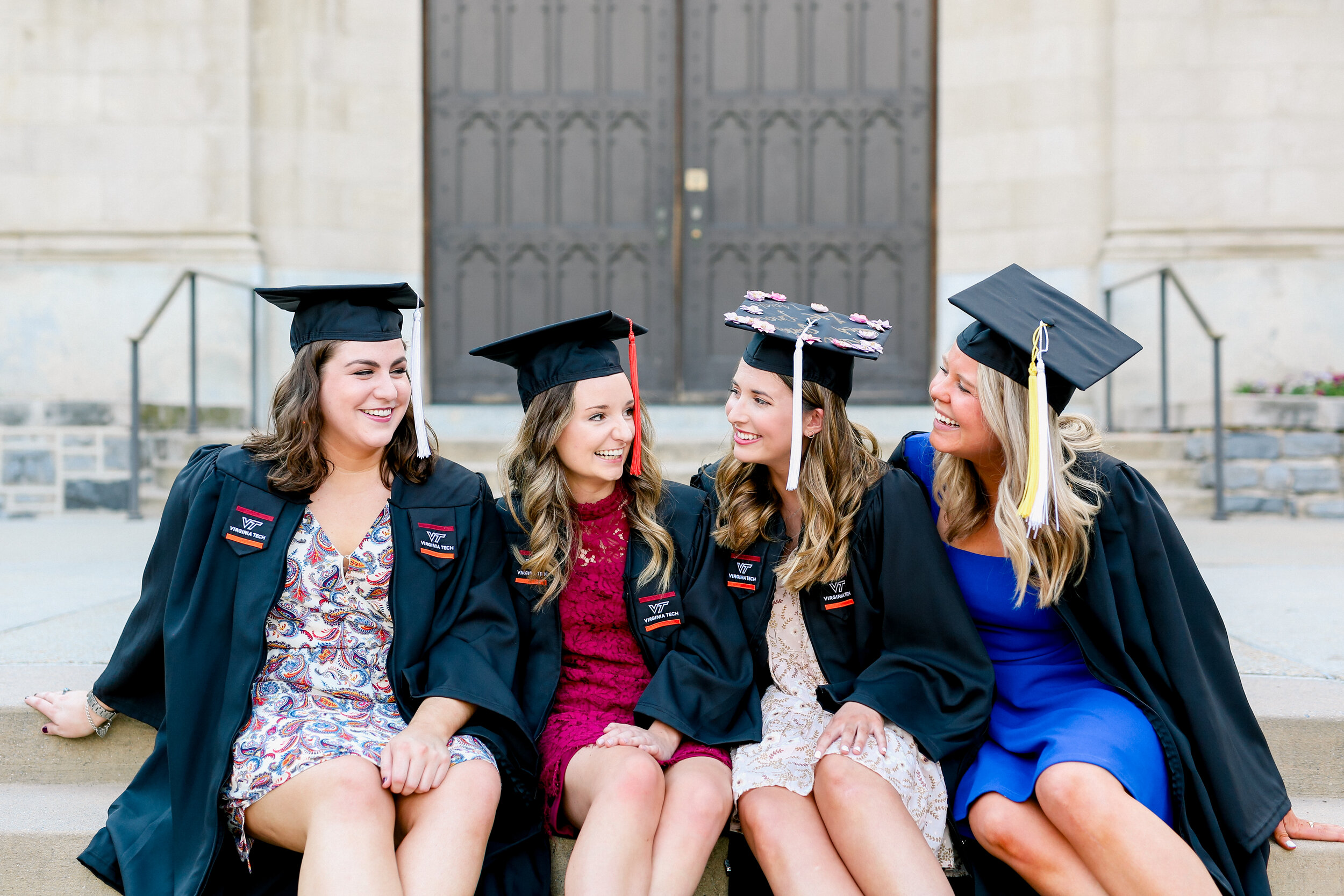 Group graduation senior pictures in Blacksburg, VA at Virginia Tech’s beautiful campus.