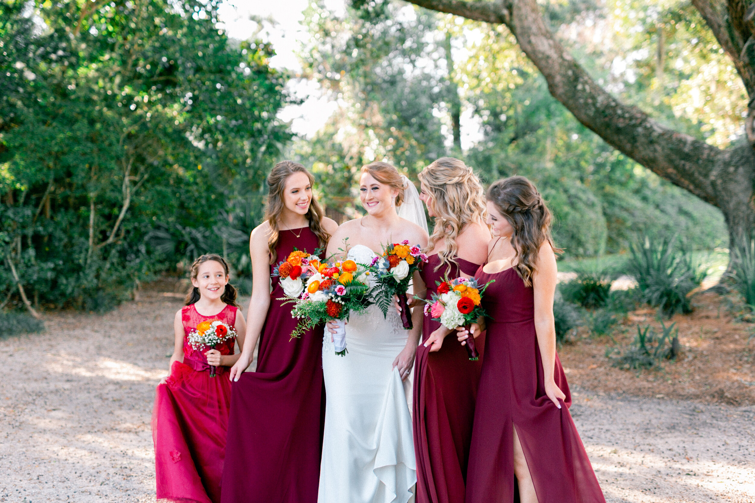 Beautiful wedding bridal party with the bride for a fall Charleston wedding.