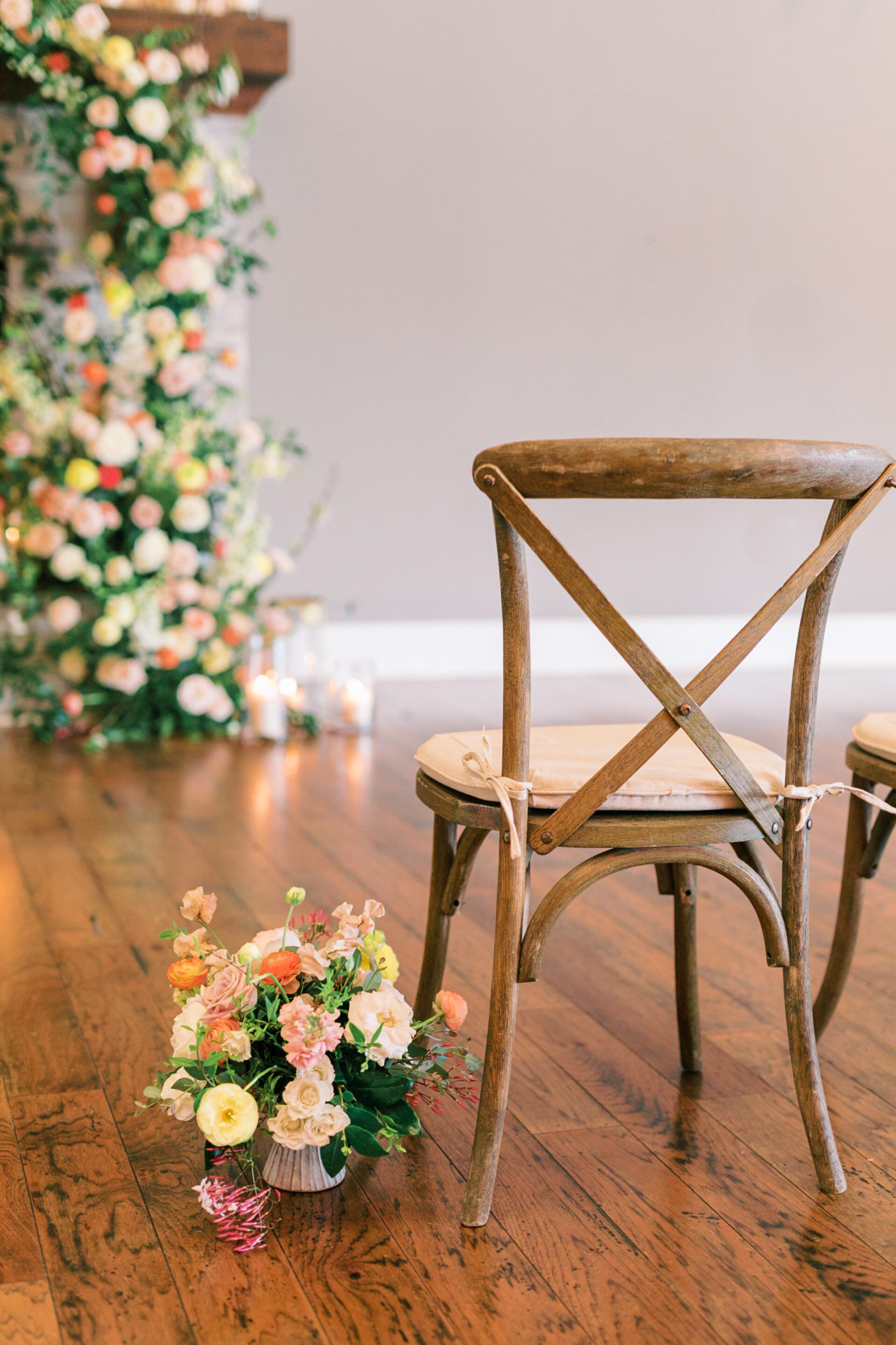 Ceremony space and floral details for expensive Charleston wedding