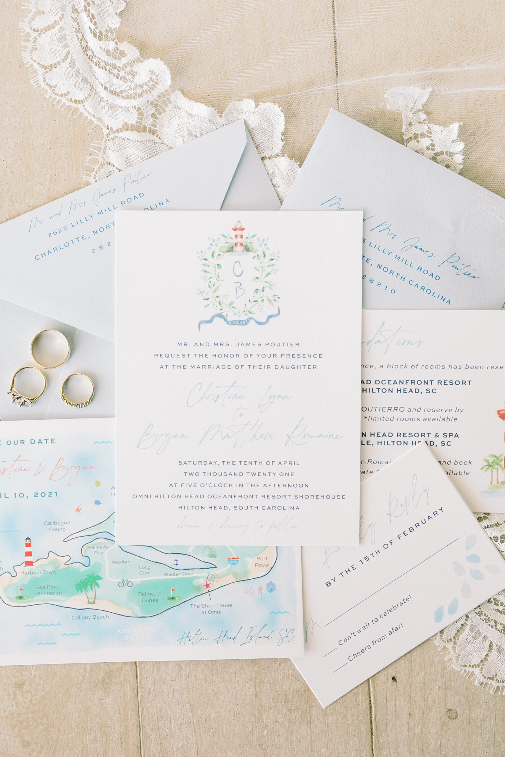 Stunning hand-drawn wedding invitation suite inspiration for a Hilton Head Island wedding.