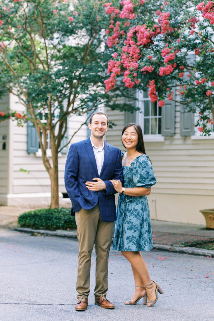 Newly engaged Charleston couple crepe myrtles