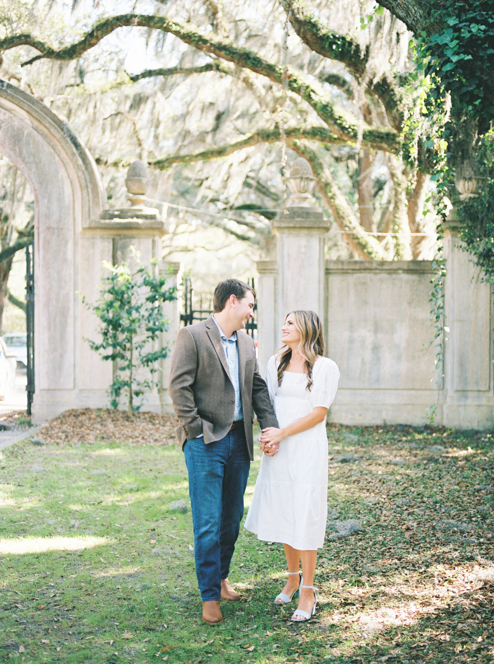 Dreamy film photography engagement session Wormsloe historic site