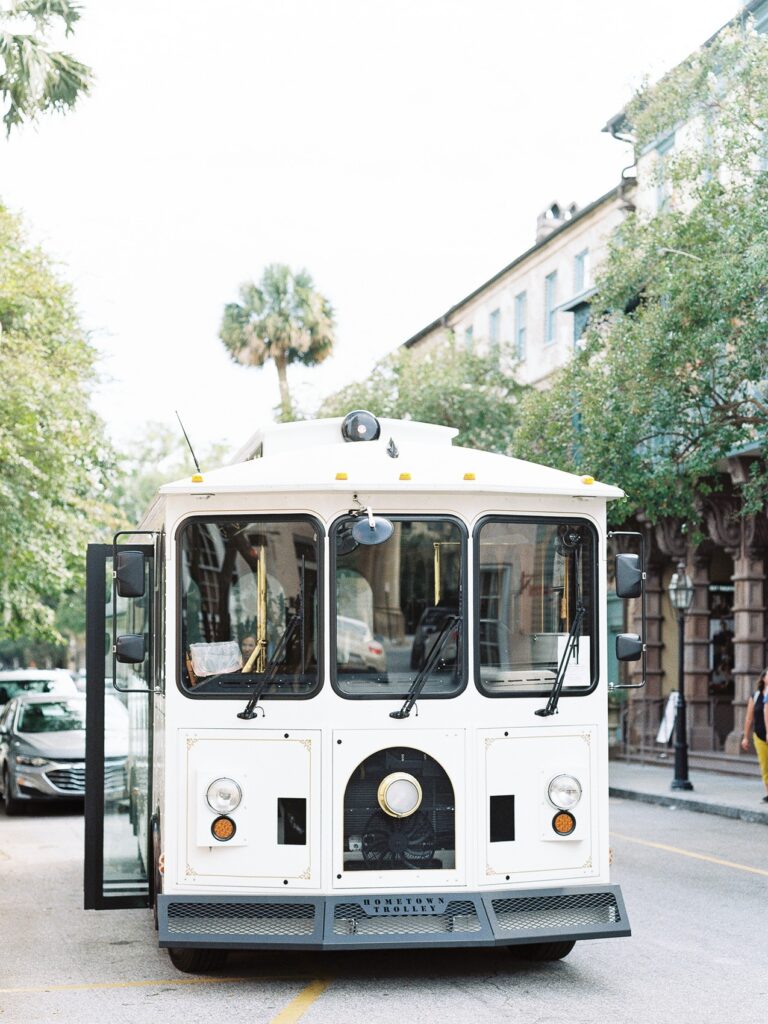 Charleston wedding transportation on a vintage trolley