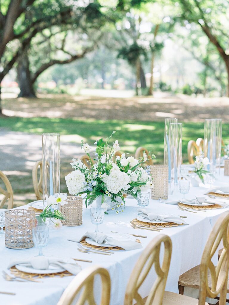 Outdoor wedding reception table at the Dunlin in Kiawah River Charleston