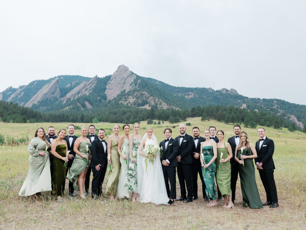 Wedding party poses for portrait in Chautauqua Park for Boulder, CO wedding day.