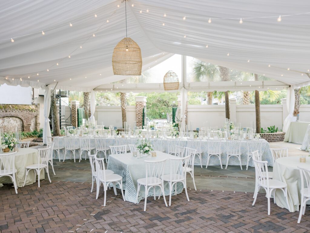 Tented wedding reception in the courtyard of Gadsden House Charleston SC