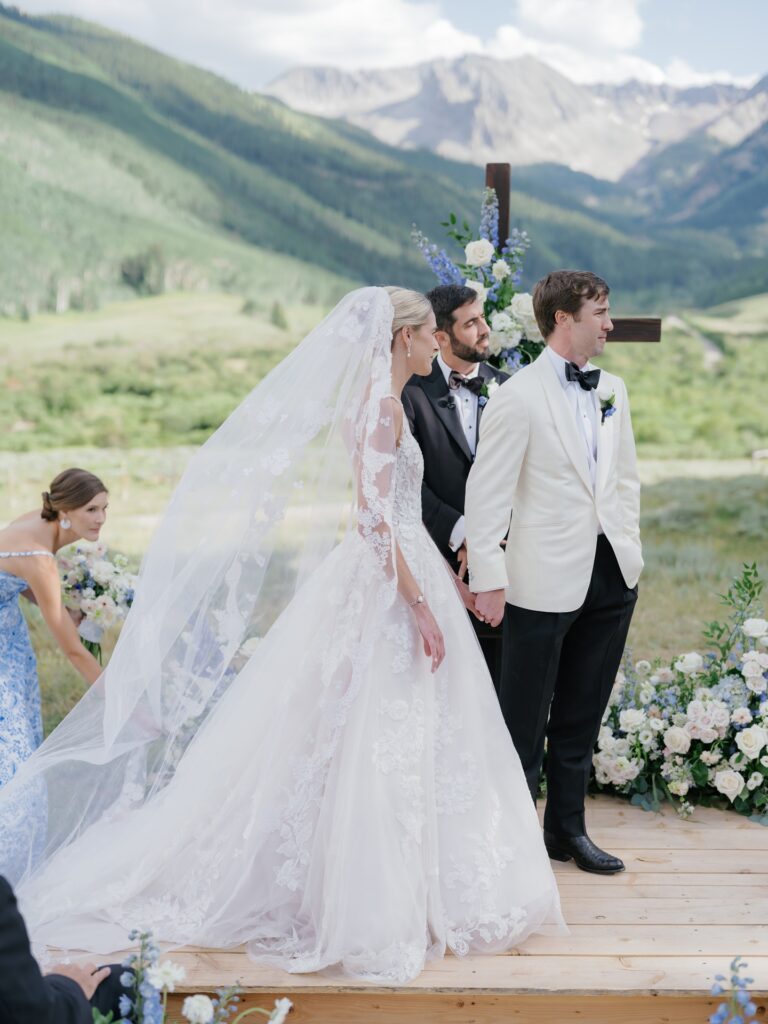 Pine Creek Cookhouse Aspen wedding ceremony with mountain backdrop
