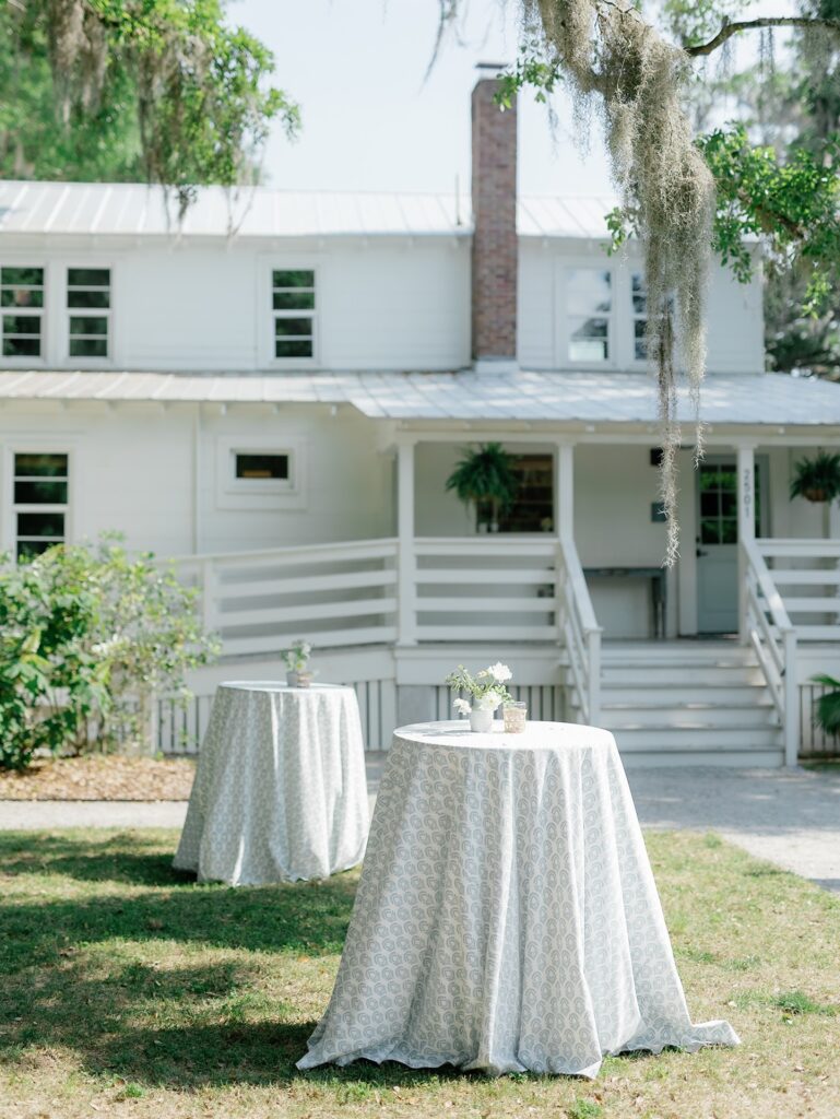 Patterned linen wedding cocktail hour at The Dunlin Kiawah River