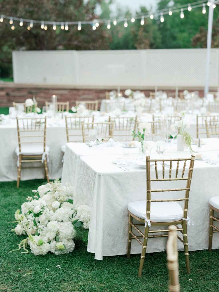 Market lights glowing over an outdoor St Julien Boulder wedding reception with Flatiron mountain views