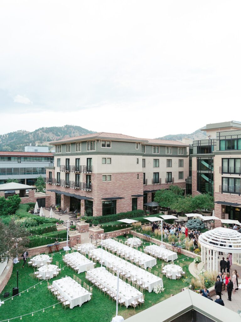 Outdoor wedding reception at the St Julien Hotel in Boulder with long tables and candlelit garden party design